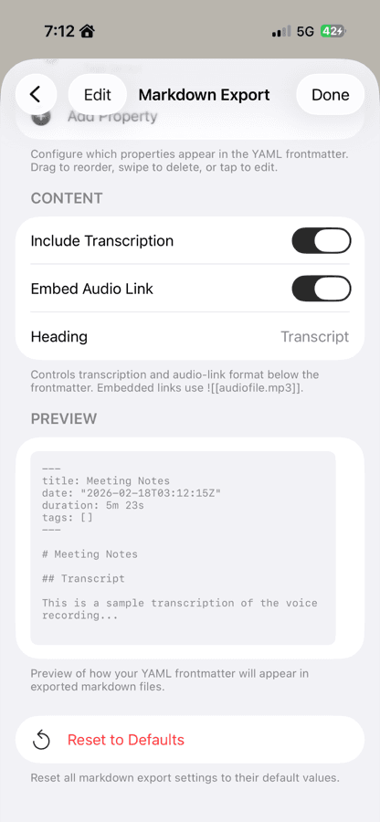 Markdown export settings for voice memos