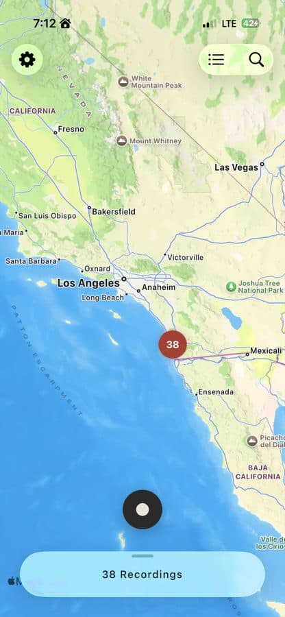 Map view showing recorded voice memos by location