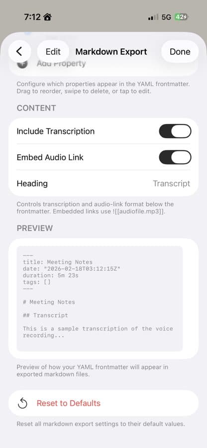 Markdown export settings for voice memos