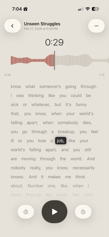 On-device transcript view in Markdown Voice Memos